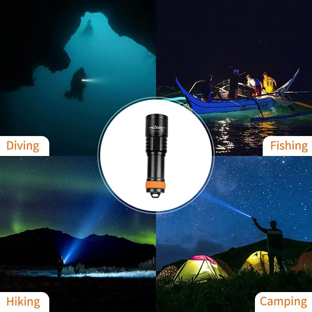 OrcaTorch D580 Scuba Diving Flashlight Underwater Lantern Powered by 18650 Battery Professional Lamp for Diving LED Torch Light