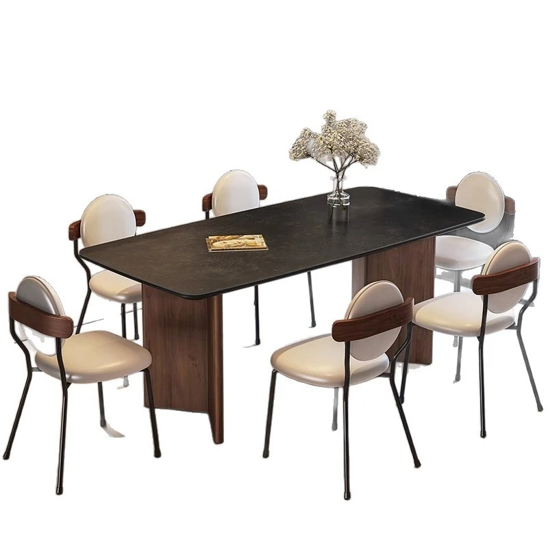 

walnut solid wood dining table and chair combination wabi sandy wind rectangular small apartment rock slab medieval dining table