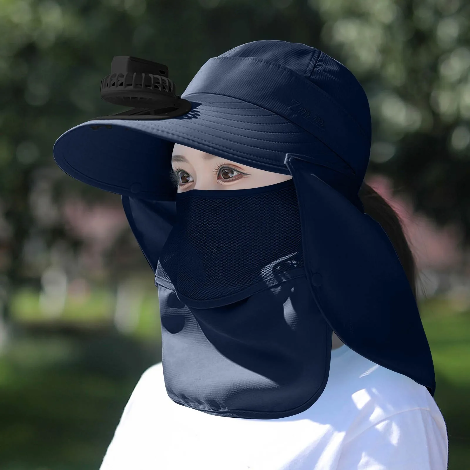 

Women Solar Fan Sun Hat Wide Brim UV Block Visor Cap Ponytail Hole Fisherman Cape for Summer Beach Cycling Outside Daily Wear