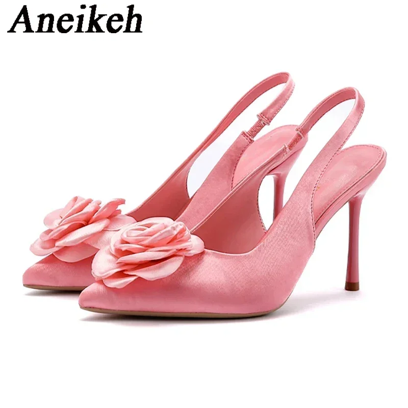 Aneikeh Commuting Fashionable Sexy Pointed Flower Decorative Heel Shoes Women's Shallow Mouth Banquet Shoes Wedding Shoes Bride