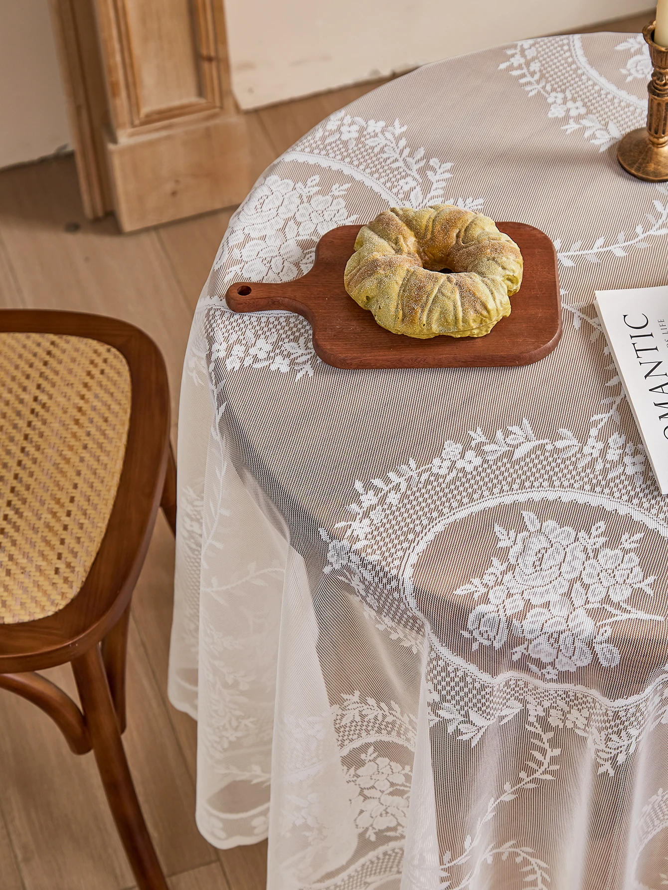 Mantel de encaje blanco, espejo redondo, patrón de vid de flores, decoración de mesa de comedor para sala de estar