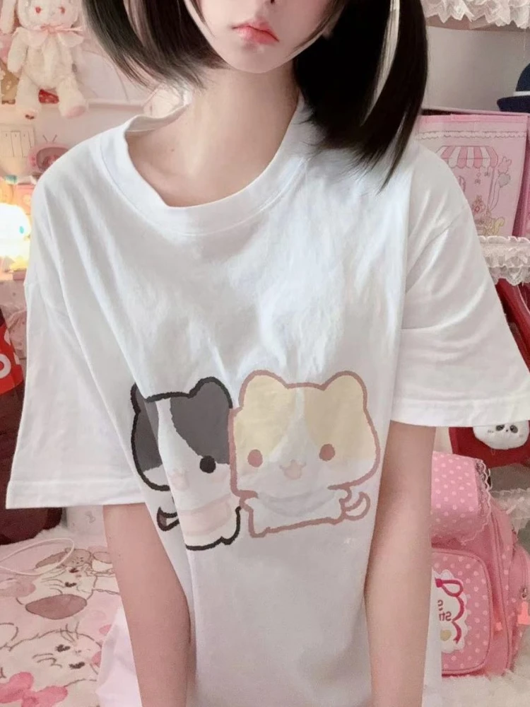 

ADAgirl Kawaii Anime Print T-shirt Women White Kitty Graphic Tee Shirt Japan Style Summer Fashion Short Sleeve Top for Girl Soft