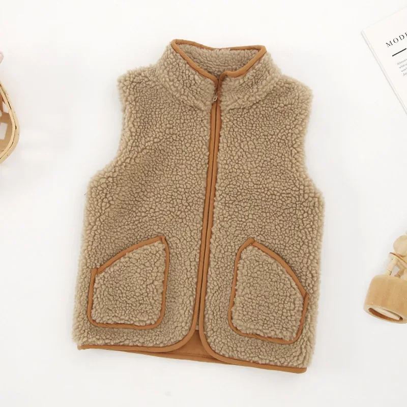 New Arrival Autumn Winter Toddler Vest Brown Sleeveless Orange Border Fur Coats Waistcoats Zipper Cardigans for Baby Boys Girls