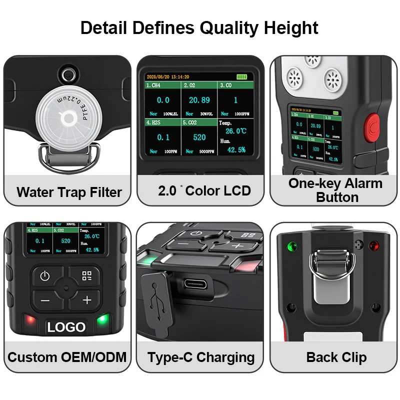 Handheld Multiple Gas Detector Pump Suction CH4 O2 CO H2S CO2 NH3 PH3 H2 VOC HF HCN CL2 NO Gas Detector Portable 4 In 1