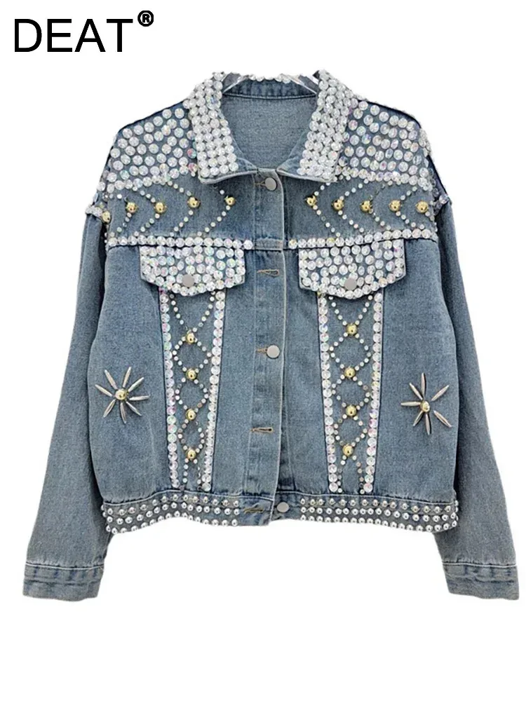 

DEAT Women's Denim Coat Handmade Beaded Embroidered Flares Diamonds Single Breasted Jackets 2024 Autumn New Fashion 29L7689