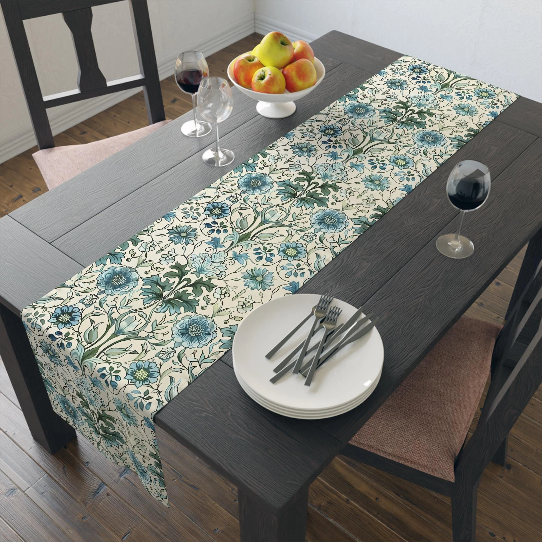 William Morris Inspired Blue Green Antique Floral Table Runner Vintage Botanical Victorian Elegant Dining Table Decor