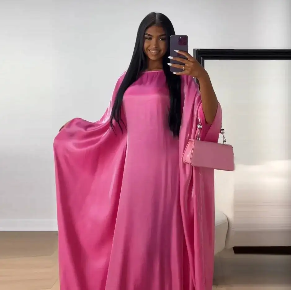 

Mq104 New 2026 Summer Modest Muslim Fashion Bright Silk Satin Waist Abaya Dress Robe Abaya Ramadan Dubai Luxury Islam Elegant