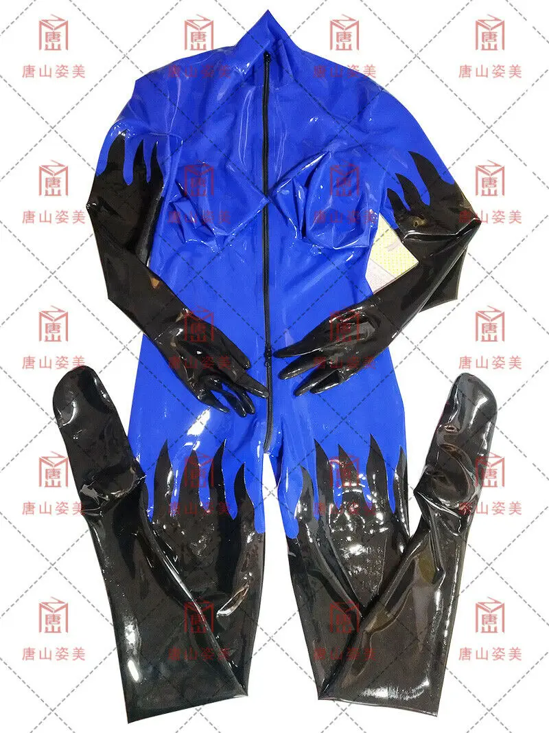 Latex catsuit with inflatable Breast dark blue&black gloves socks front zip