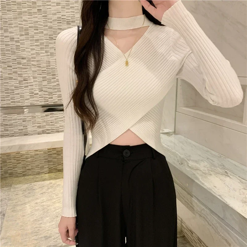 Long Sleeve Knitted Tops Autumn Winter Women Sweater Slim Fit Pullover Office Lady Fashion Halter Collar V-neck Clothes 29858