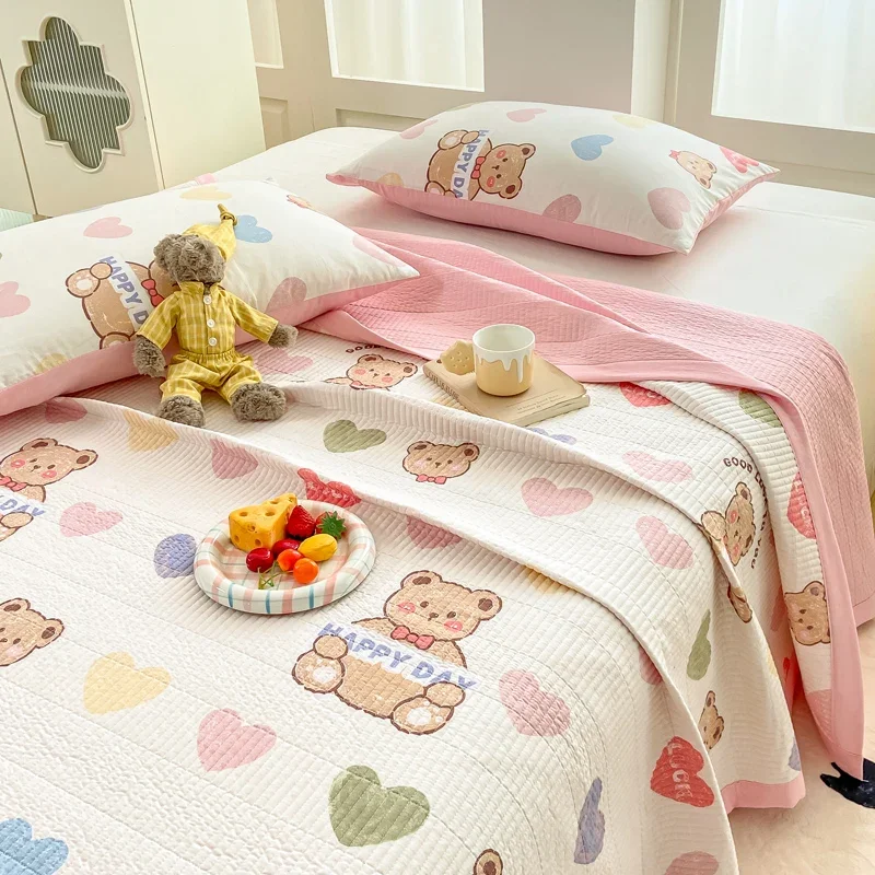 3 Pieces Cartoon Bear Bed Sheet Set Love Print Bed Cover Cute Letter Pattern Stripe Flat Sheet Childrens Girls Women Bedding