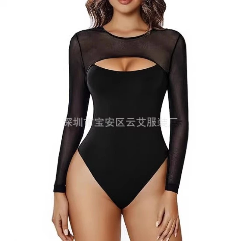 Amazon Sexy Round Neck Front Hollowed Mesh Perspective Tight Outside Wear Long Sleeve Bottom Onesie Cw16767
