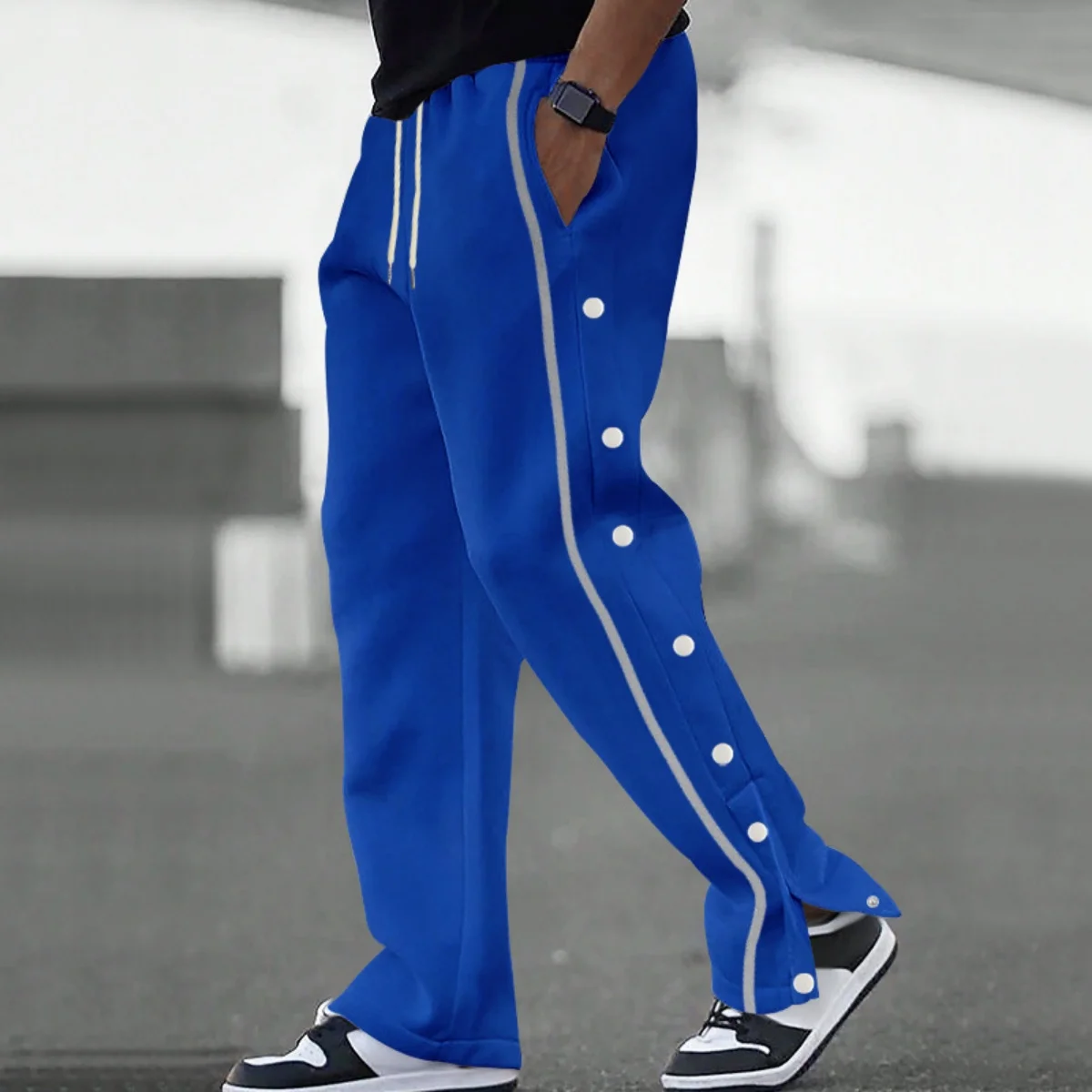 Men's Sporty Casual Long Pants Spring Autumn Fashion Street Style Side-Buttoned Loose Fit Wide-Leg Basketball Trousers