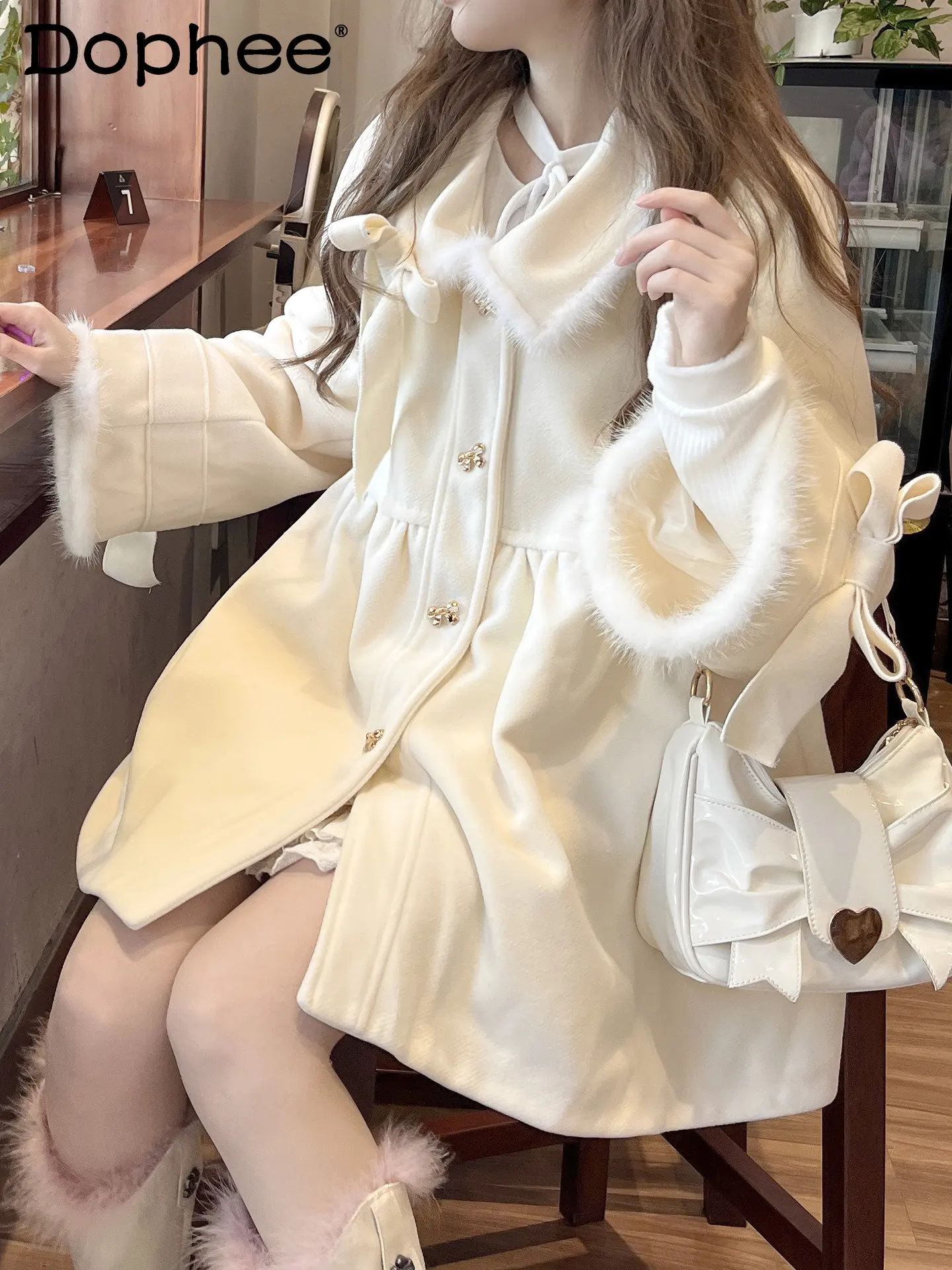 

Japanese Style Sweet Lolita Bow Woolen Coats Girls Thickened Warm Gentle White Cashmere Coat for Women Autumn and Winter Clothes