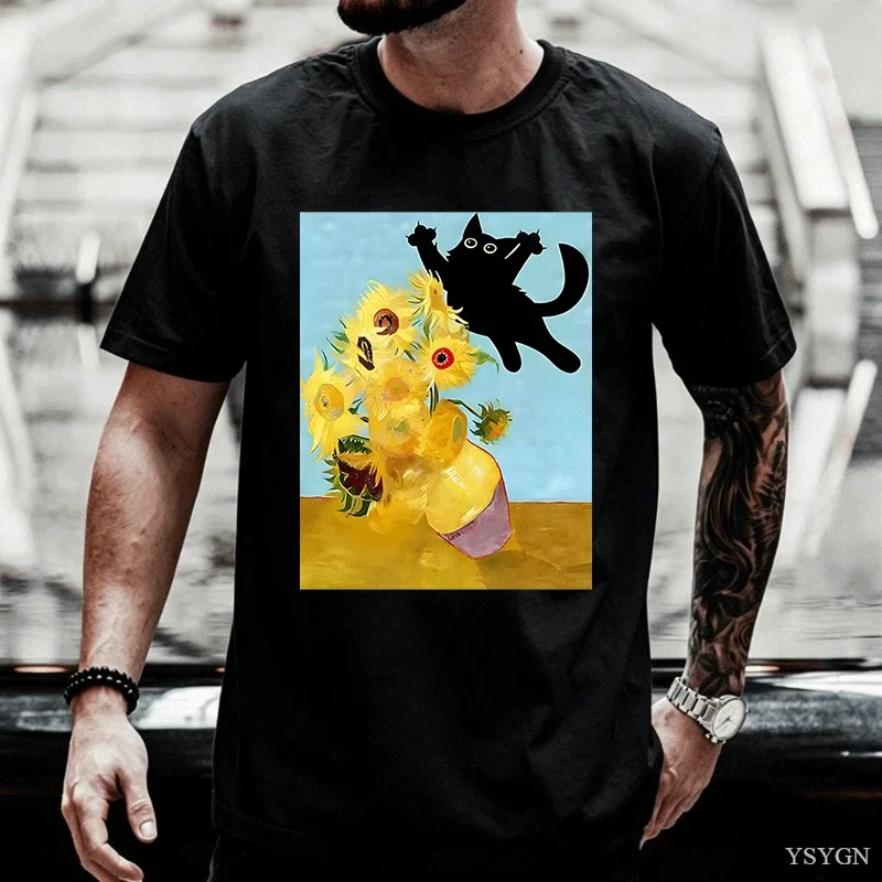 Vincent Van Gogh Cat T-shirt for Men Women Sunflowers Print Tshirt Funny Cute Cat Kitten T Shirt Cotton Short Sleeve Clothes