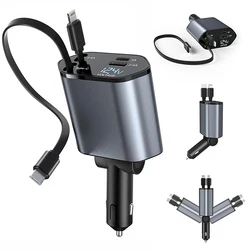 120W Car Charger Retractable Car Cigarette Lighter Adapter 4in1 USB Type C Fast Charger Cable For IPhone Xiaomi Huawei Samsung
