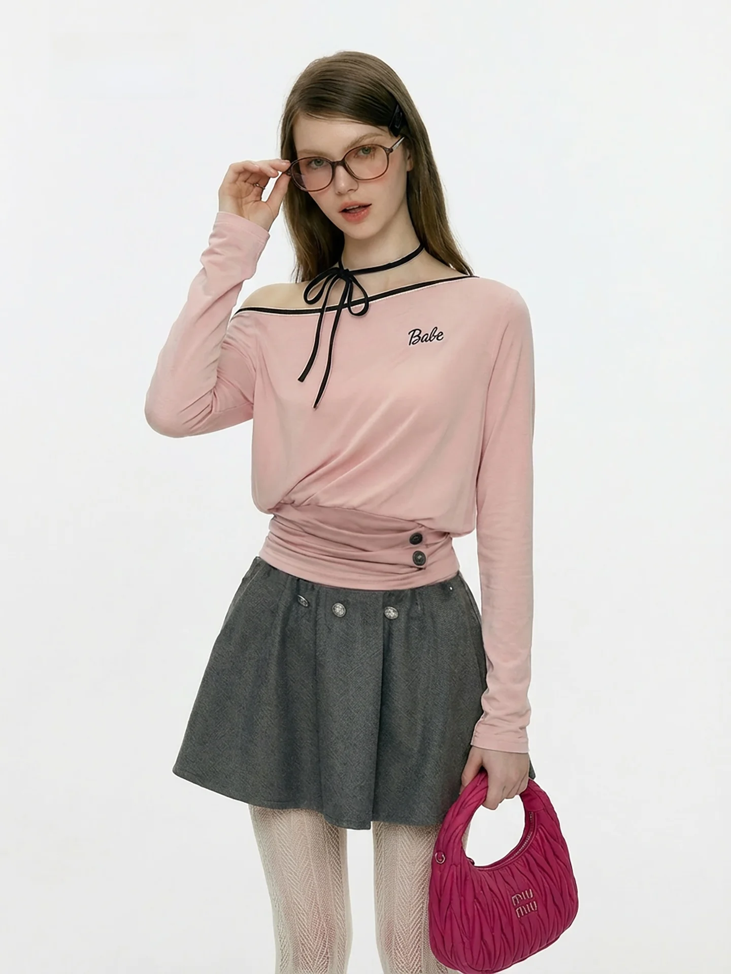 

AHMI Anti-Aging Design Pink Long Sve T-irt Women's Spring New Dstring Waist High Waist Korean Sle Breathable Skin-F...