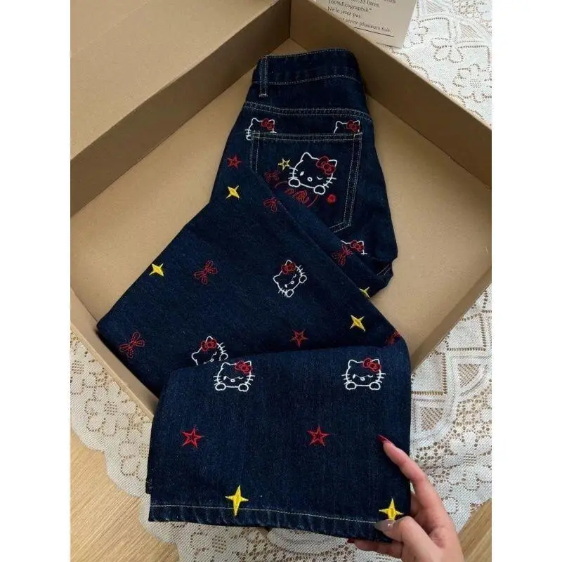 

Джинсы с вышивкой в стиле Sanrio Hello Kitty, новые свободные широкие брюки для девочек, прямые брюки с высокой талией, брюки-мопы.