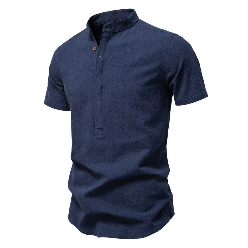 

Mens Linen Cotton Short Sleeve Stand Collar Henley Shirt Casual Business Blouse