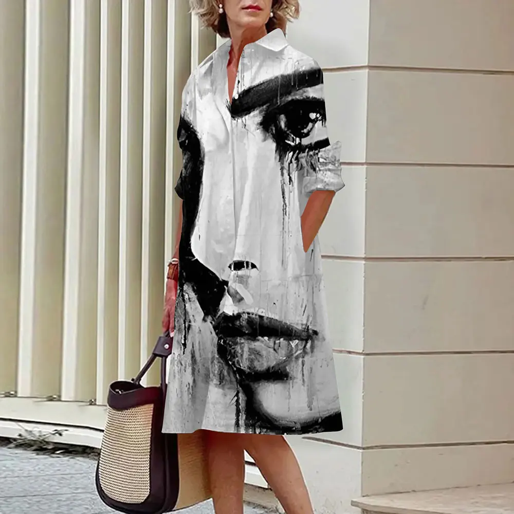 

Fashion Women's Shirt Dresses Artistic Abstract Face 3d Printed Knee-Length Midi Skirts Loose Casual Long Sleeve Shirt Dresses