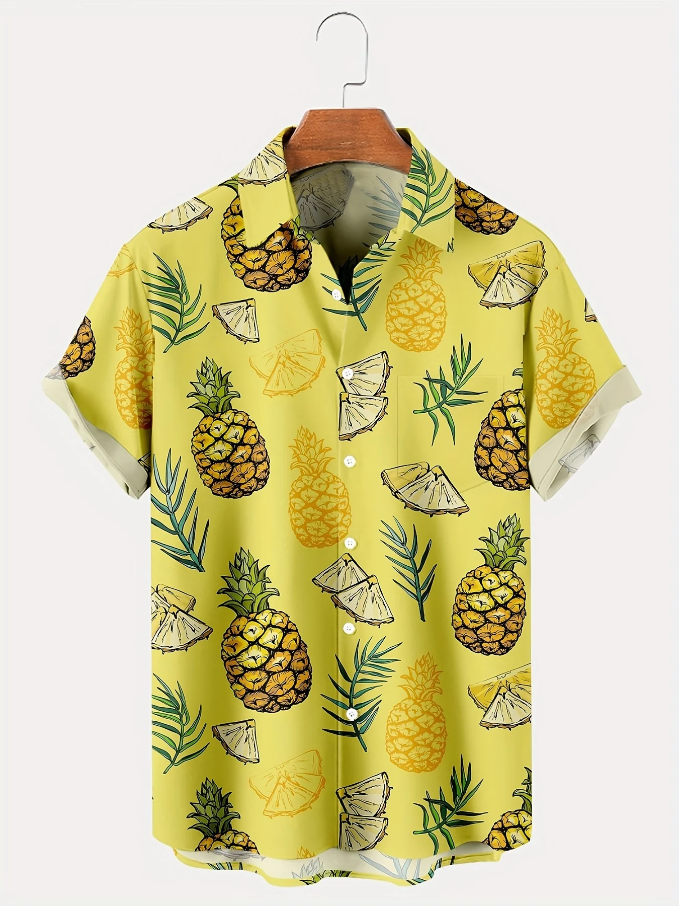 Plus size men's Hawaiian style short sleeve lapel shirt, fashionable pineapple print style, suitable for vacation