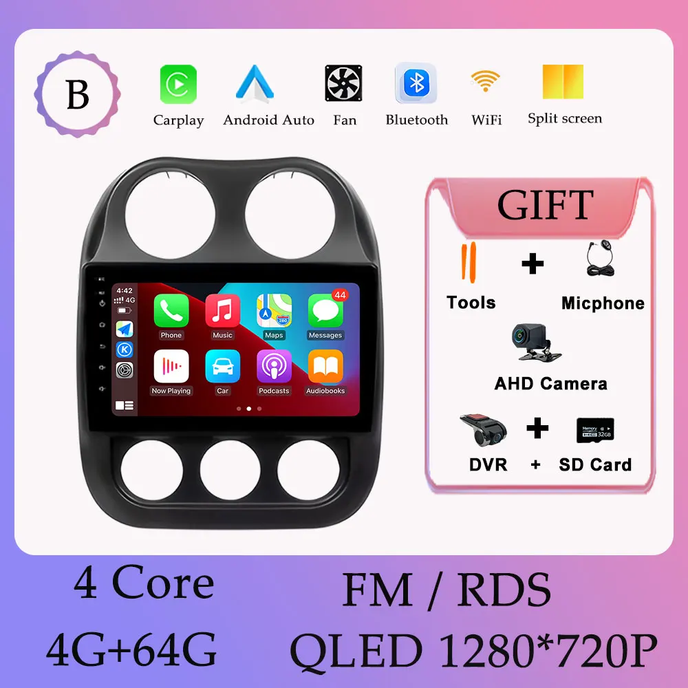 Draadloze Carplay Android 16 Autoradio Video Audi Multimedia Speler voor Jeep Compass Patriot 2009-2015 GPS Navi DSP Stereo WIFI