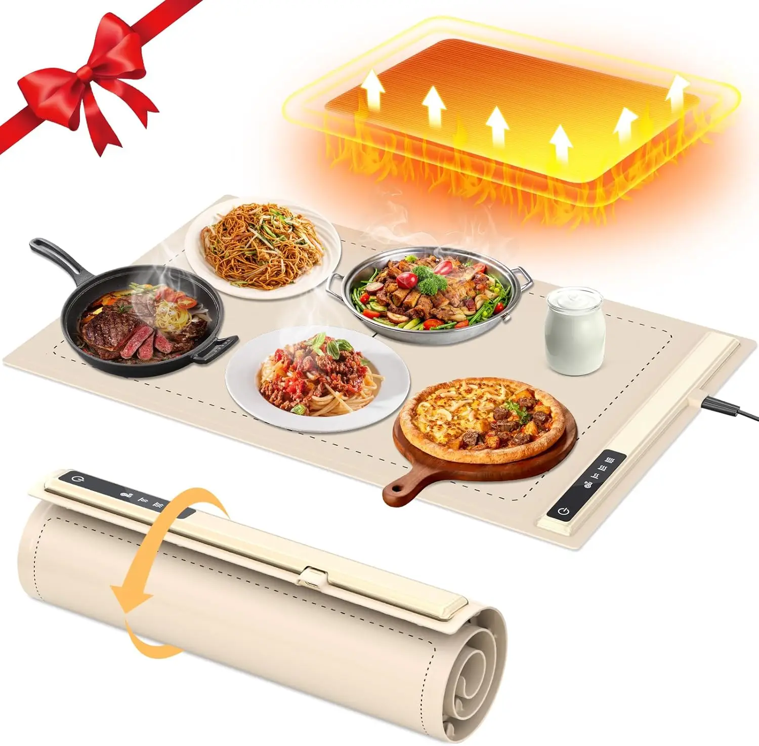 

Portable Electric Warming Tray with 3 Temperature Settings, Roll-Up Silicone Food Warmer for Parties and Buffets