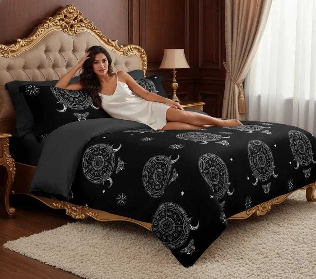 Juego de cama Zodiac de algodón negro de 3 piezas 160x200 para cama doble