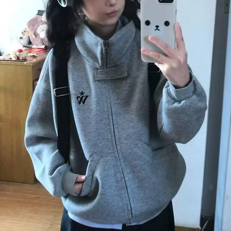 American Vintage Stand Collar Sweatshirt Women Spring Fall Long Sleeve Embroidered Coat Loose Casual Lazy Preppy Style Outwear