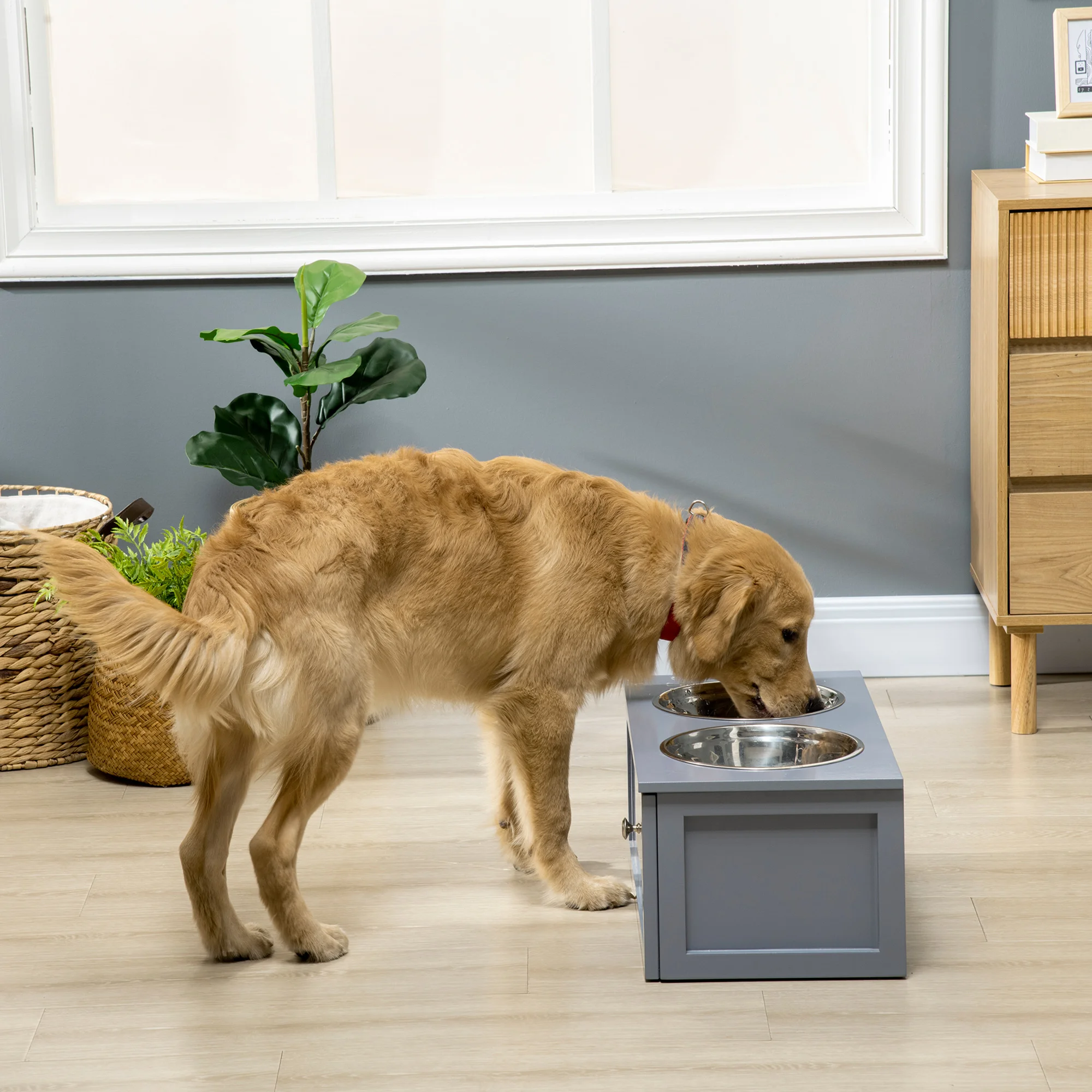 PawHut Erhöhter Hundenapf Futternapf mit Schublade Wassernapf 2 x 2000ml Edelstahlnäpfen Fressnapf Futterstation