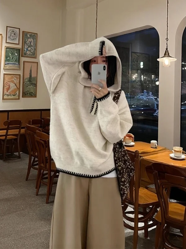 

Корейская свободная толстовка с капюшоном, женская вязаная толстовка на молнии, осенне-зимний повседневный мягкий длинный топ све