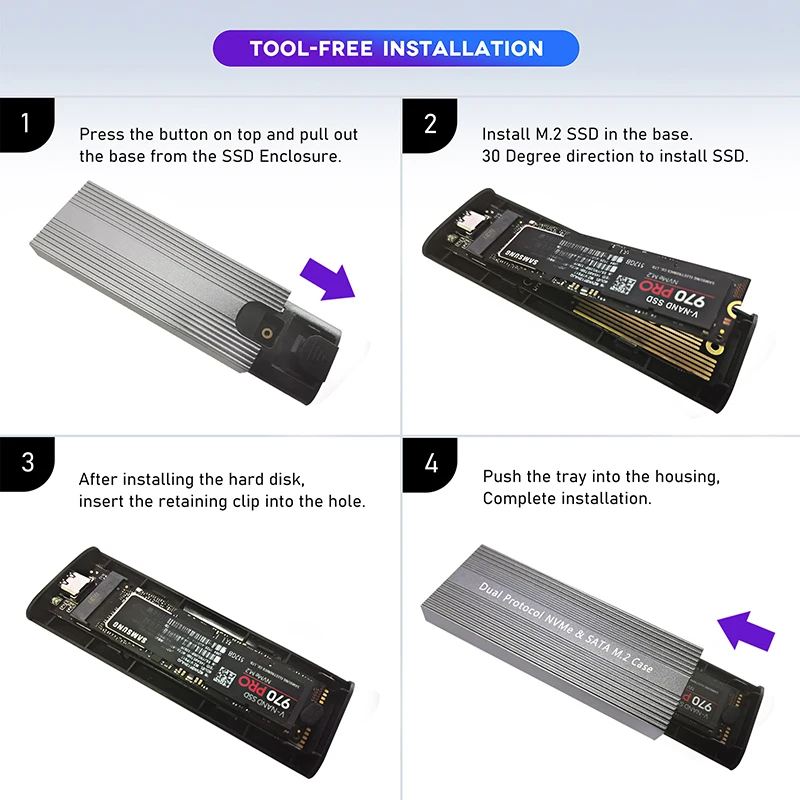 M.2 NVME casing SATA SSD, sampul dua protokol JMS581D Chip 10Gbps USB 3.2 GEN2 Tipe C kotak M2 SSD eksternal M / B + M alat kunci Gratis