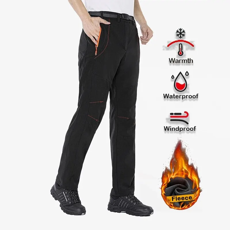 LNGXO Men Fleece Hiking Pants Winter Warm Waterproof Windproof Rain Trousers Trekking Camping Outdoor Soft Shell Thick Ski Pants