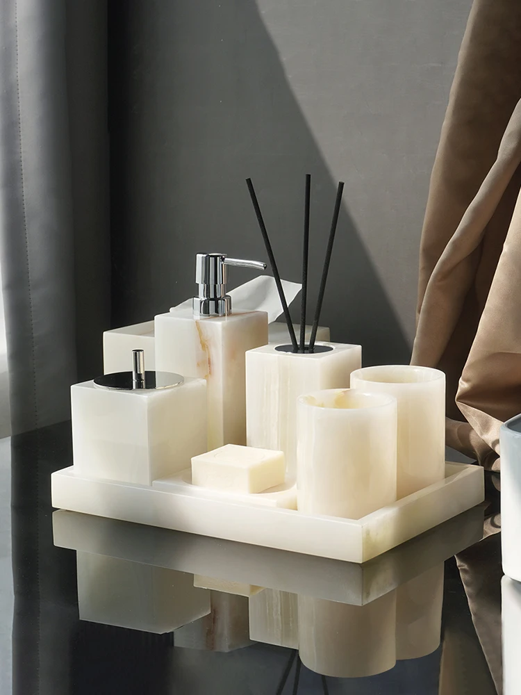 White Onyx Natural Marble Bathroom Accessories Luxury Soap Dispenser Cotton Swabs Container Reed diffuser Tray Bathroom Set