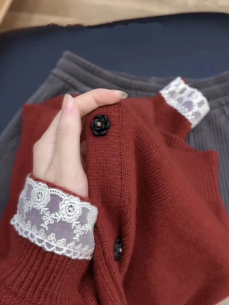 Faionable Gespleißt Spitze Trim Stricken Pullover frauen Herbst Neue Sle Abnehmen Strickjacke Top Casual Sle V-Ne Lange Sve