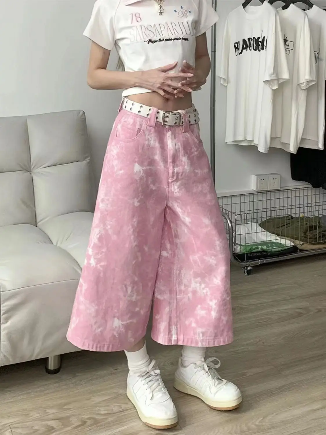 Jeans Pink Tie-Dye Low-Waisted American High Street Wide-Leg Women'S Summer Design Loose Slimming Seven Points Pants