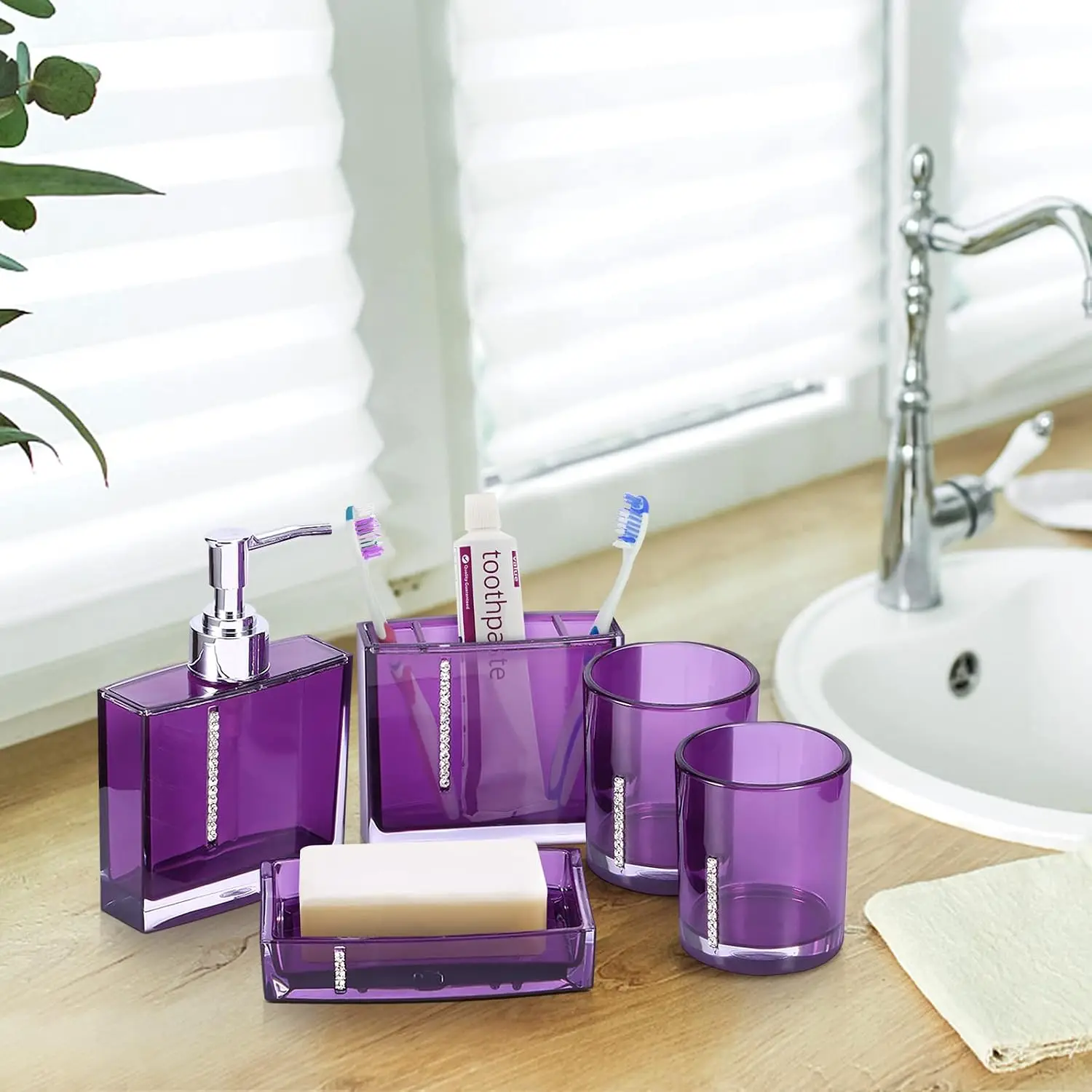 5 Piece Bathroom Accessory Set, Modern Design Acrylic Luxury Bath Vanity Set with Soap Dish, Tooth Brush Holder,
