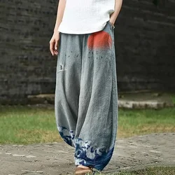 Women's Japanese Art Crane Waves Pocket Loose Casual Pants Harajuku Baggy Lantern Trousers Elegent Boho Pants Pure Casual Pants