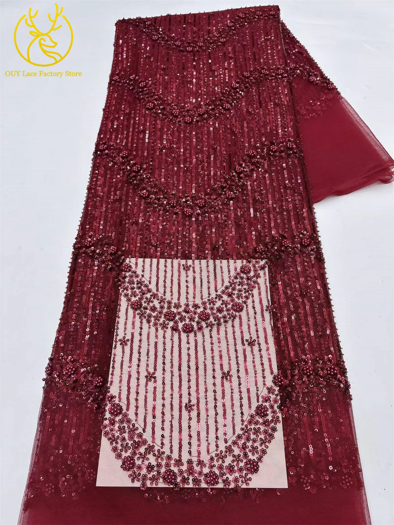 5 Yards Afrikanischer Bräutigam-Perlen-Tüll-Spitzenstoff Rosa Eleganter Nigerianischer Pailletten-Perlen-Netzstoff zum Nähen von Hochzeits- und Partykleidern – Detail 26