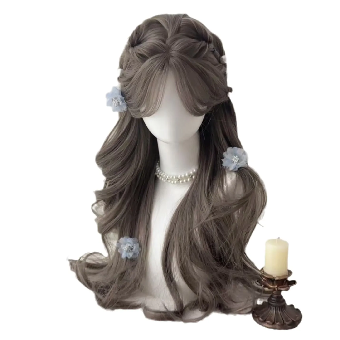 Ash Brown Women's Long Wavy Wig with Princess Half-Up Style, Flowers & Pearls Natural Looking Synthetic Hairpiece for Women