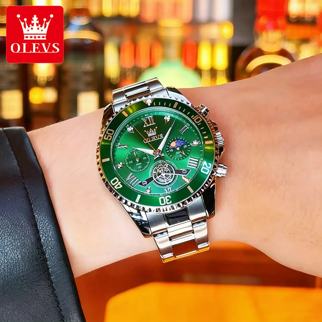 OLEVS Men's Watches Classic Fashion Original Quartz Wristwatch Flywheel Chronograph Moon Phase Diving Timing Bezel Waterproof