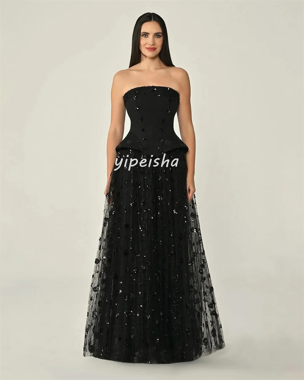 Gaun Panjang Tanpa Tali Model A-line Bunga Jersey Elegan yang Dapat Disesuaikan Gaun Acara Khusus Formal Elegan Berkualitas Tinggi