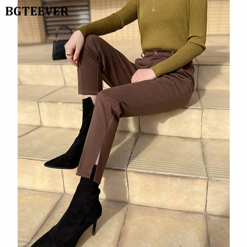 BGTEEVER Vintage Female Woolen Suit Pants Elegant High Waist Side Split Women Woolen Pants Autumn Winter