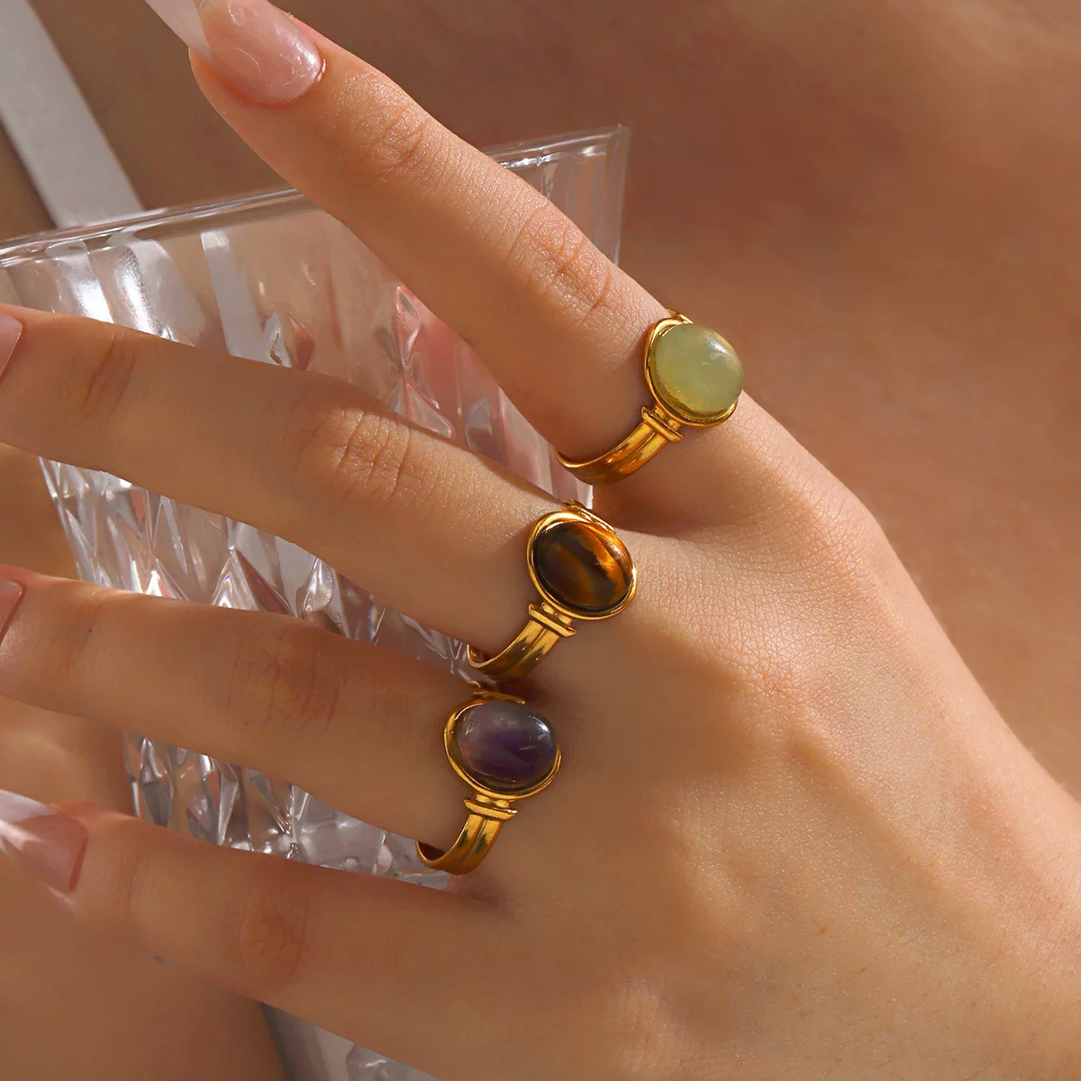 French Vintage Tiger Eye Stone Ring Neutral Jewelry Fashion Trend Stainless Steel Geometric Elliptical Natural Rings Gift