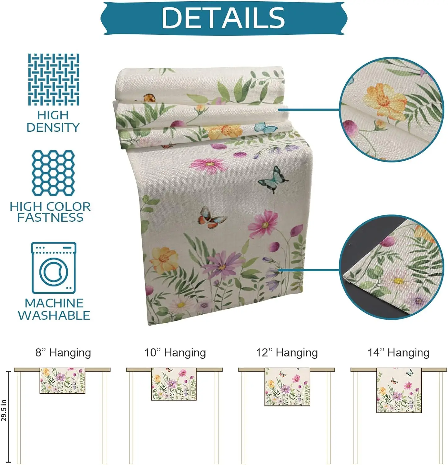 Chemin de Table en Lin Lavable à Fleurs Colorées, Papillon, Écharpes de Commode, Décoration de Maison, Soirée, Printemps, Été