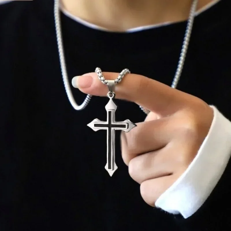 Punk Cross Pendant Necklace Women Men Gothic Stainless Steel Long Link Chain Hip Hop Streetwear Collarbone Jewelry Gifts