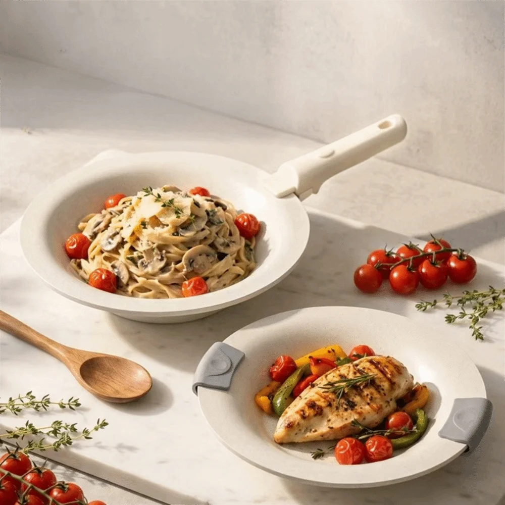 Ceramic Coating Detachable Handle Saucer Flying Pan With Heat-Resistant Clip Lightweight Nonstick Pan Beige Aluminum Alloy