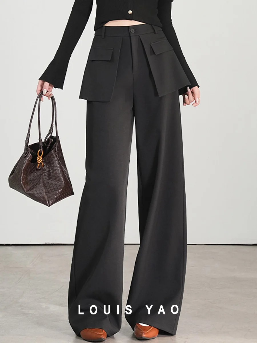 

LOUIS YAO 2025 Layered Fake Two-piece Suit Pants Spring Fashionable Commuting Simple Non Elastic Pants Women's Casual Pants