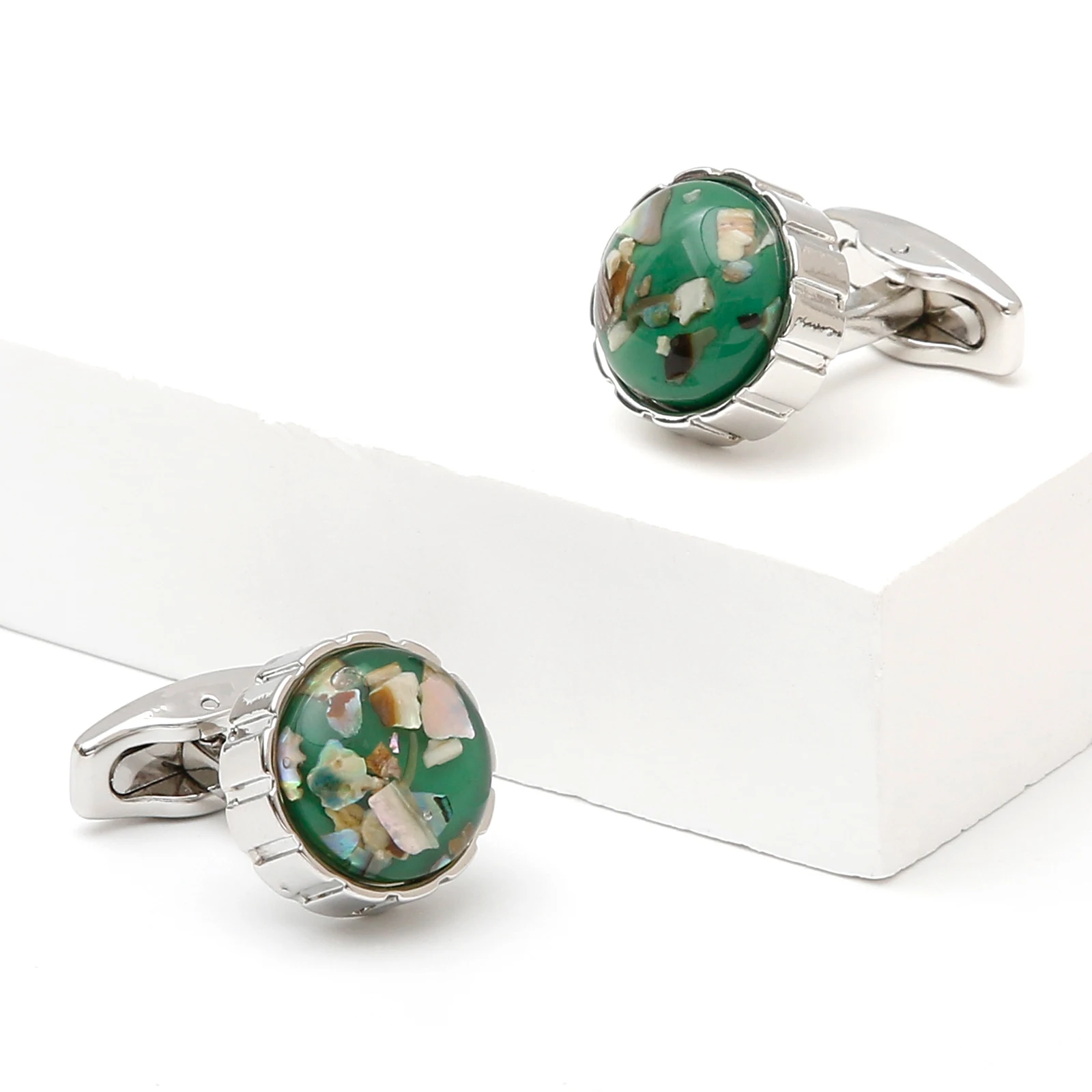 TOMYE Green Cufflinks for Men with Gift Box, Customizable Green Crystal Round Alloy Silver Plated Dress Shirt Cuff Links Jewelry