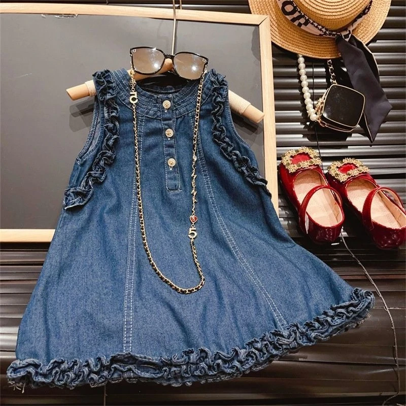 

Cute Girls Solid Color Ruffle Denim Overall Dress Japanese Korean Style Sleeveless A-Line Princess Jean Dress for Children