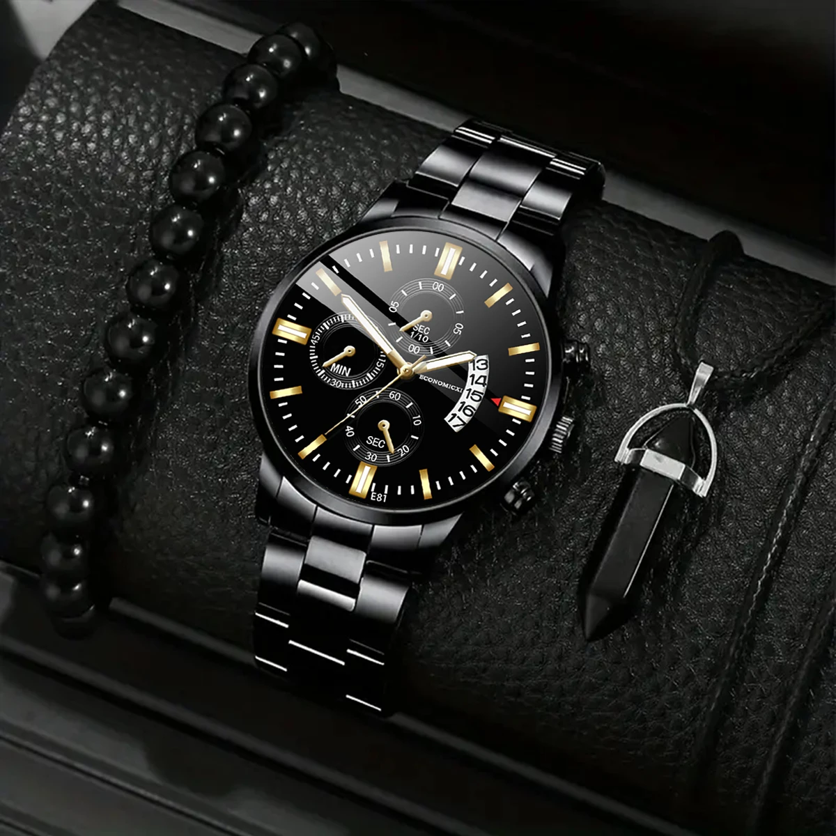 3Pcs Men's Fashion Business Casual Three Eyes Calendar Luminous Digital Steel Band Quartz Watch Crystal Necklace Bracelet Set